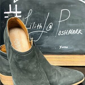 Franco Sarto Black Suede Ankle Booties with Stacked Wood Heel